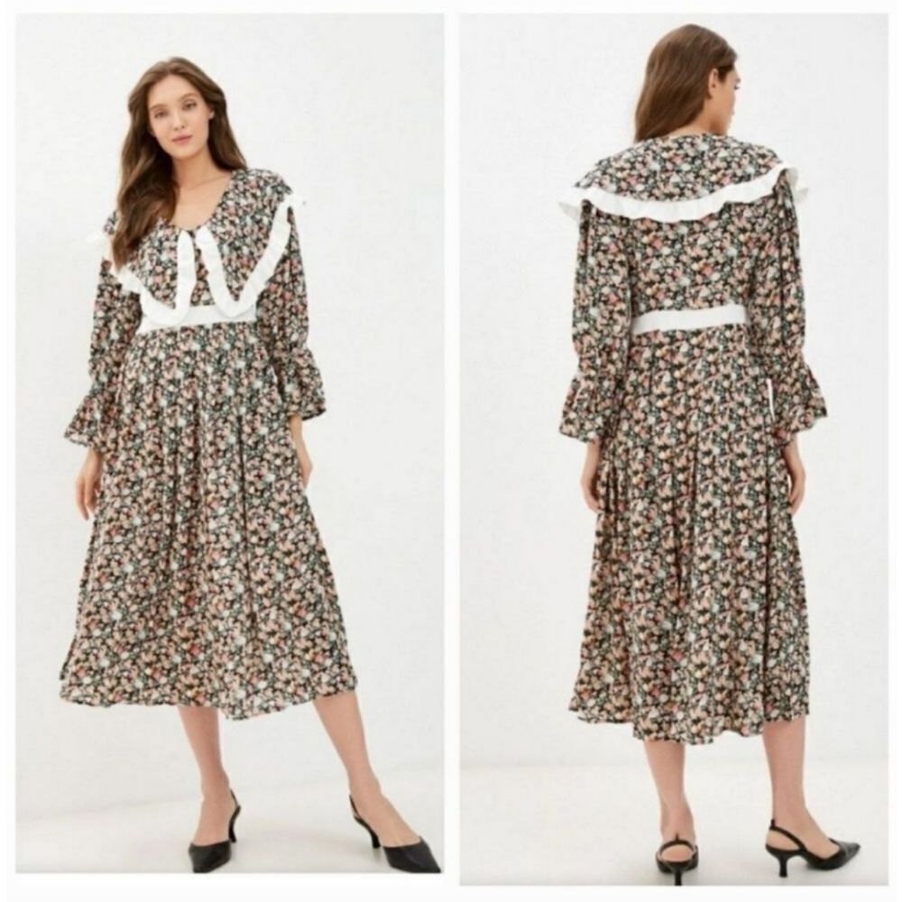 NEW Sister Jane Niece Oversized Ruffled Collar Floral Pleated Midi Dress Size M